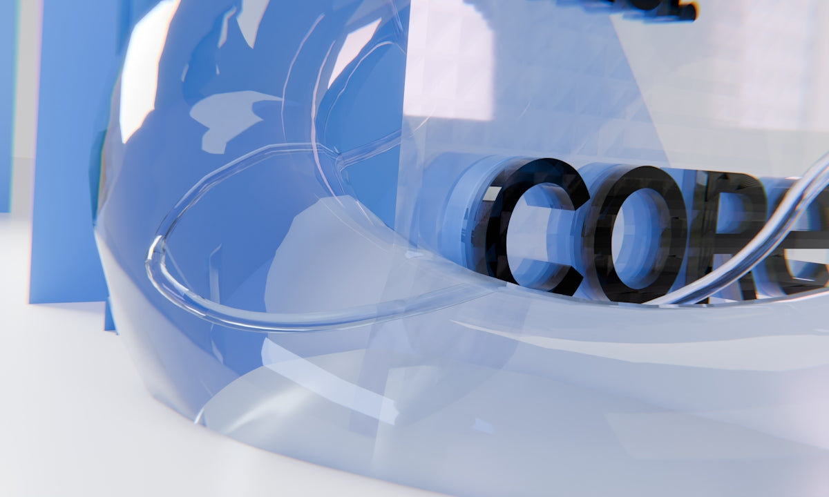 Abstract blue glass shape with core text.