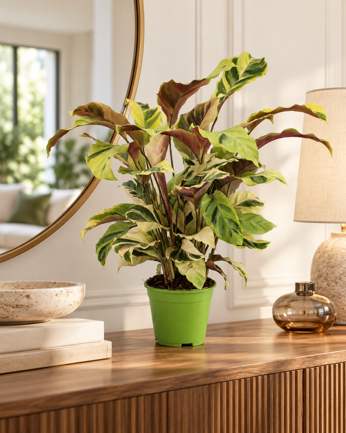 Calathea Fusion Yellow, illustration d'ambiance sur console en bois dans un appartement élégant, pot Ø14 cm