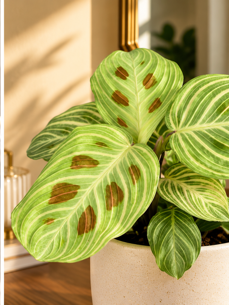 Illustration gros plan du feuillage nervuré Calathea Golden Veins, décoration non incluse