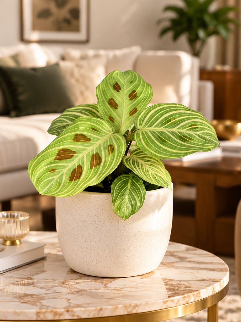 Illustration du Calathea Golden Veins dans un salon luxueux, cache-pot décoratif non inclus