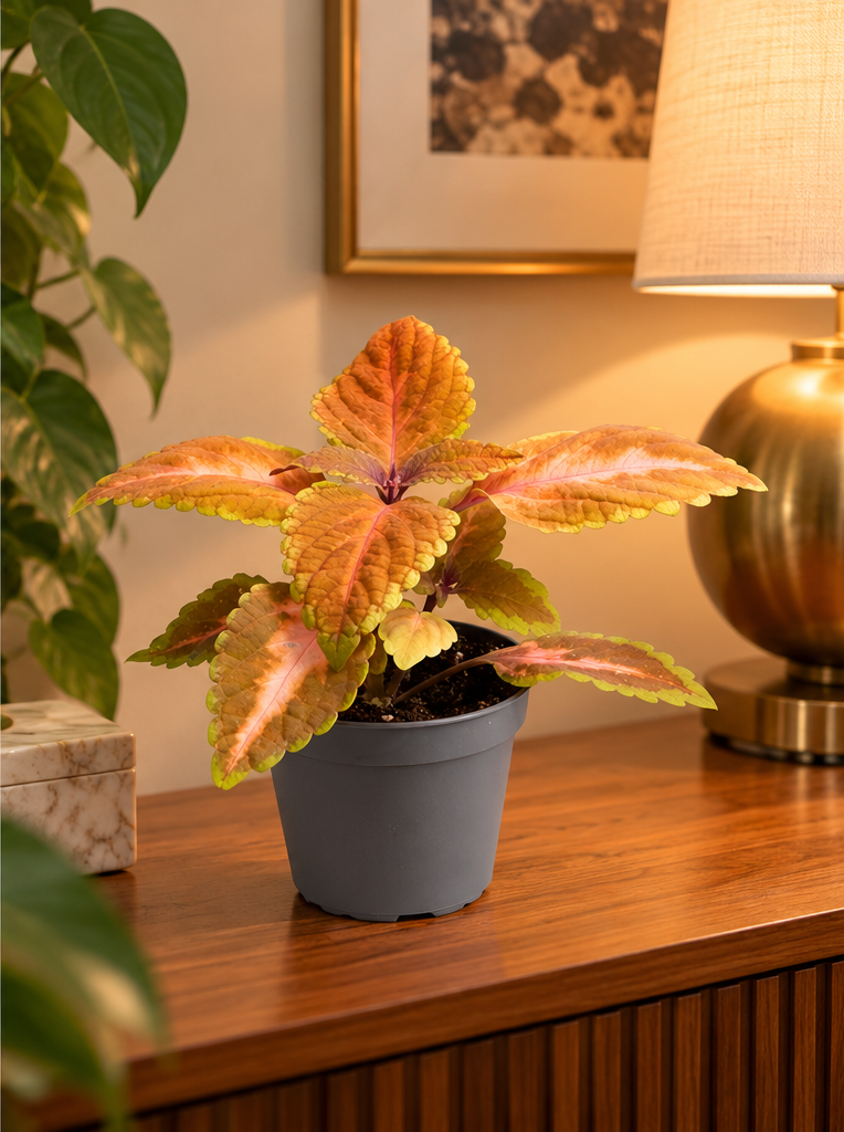 Coleus Multicolor Zircon, plante en pot Ø12 cm sur console en bois dans un appartement élégant, lumière du soir ; illustration d'ambiance