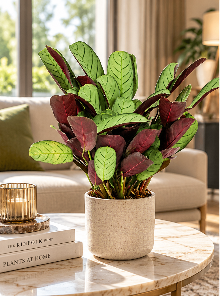 Ctenanthe Amagris dans un salon haut de gamme, mise en scène illustrative, pot Ø14 cm, décor non inclus