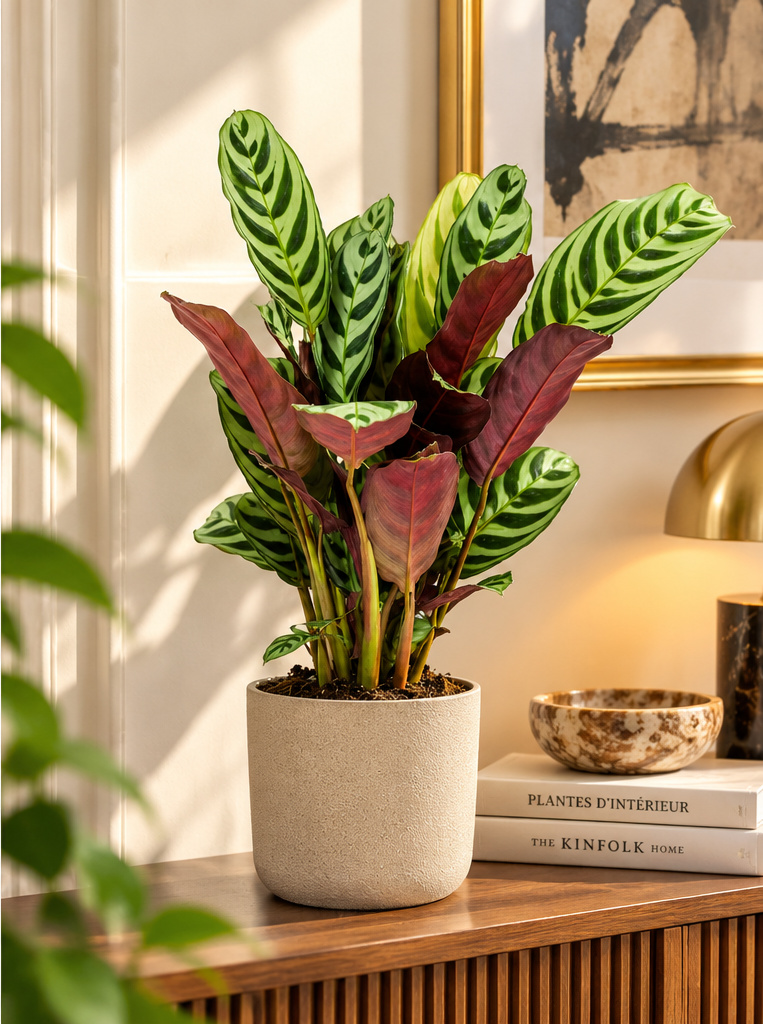 Ctenanthe burle-marxii sur console dans un appartement élégant, feuillage zébré, cache-pot décoratif non inclus