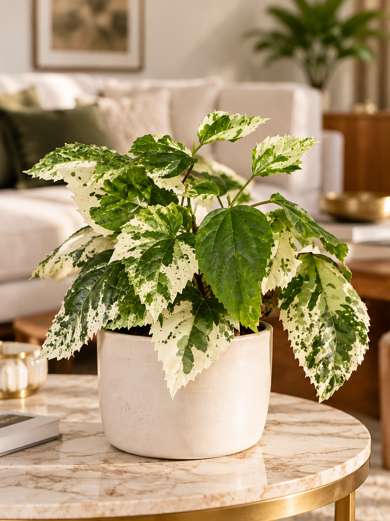 Illustration d'ambiance sans fleurs : Hibiscus Variegata panaché dans un salon élégant
