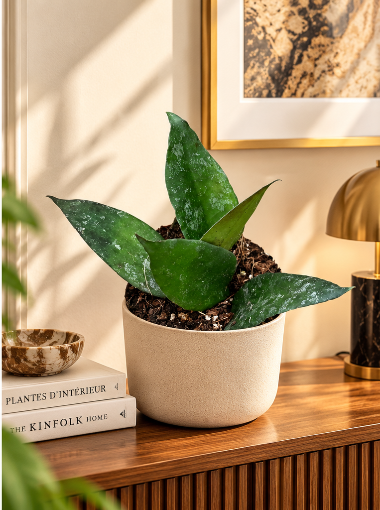 Hoya caudata sur une console dans un appartement élégant, photo d’ambiance illustrative ; cache-pot décoratif non inclus