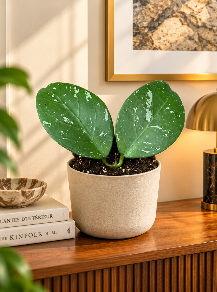 Hoya Lai Chau dans un appartement élégant sur console en bois, plante à deux feuilles, décor non inclus