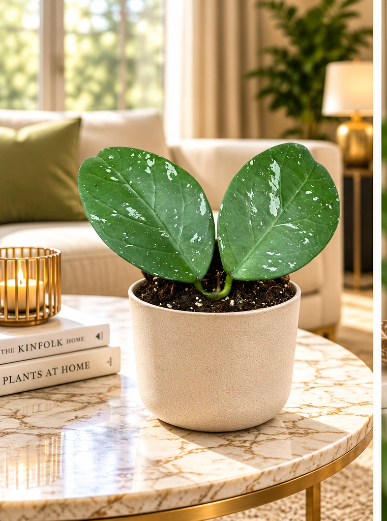 Hoya Lai Chau à deux feuilles vertes tachetées d'argent dans un salon luxueux, illustration d'ambiance, pot de culture Ø8 cm