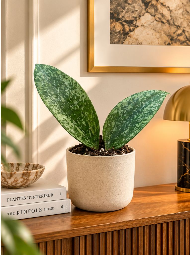 Hoya Rangsang à deux feuilles, photographie d'ambiance illustrative sur console dans un appartement haut de gamme ; pot Ø8 cm
