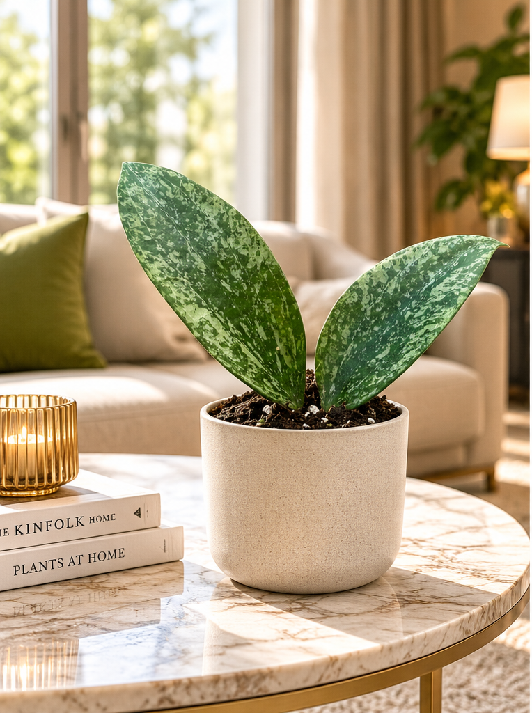Hoya Rangsang, jeune plante à deux feuilles mouchetées, mise en scène dans un salon luxueux ; pot Ø8 cm, décor non inclus