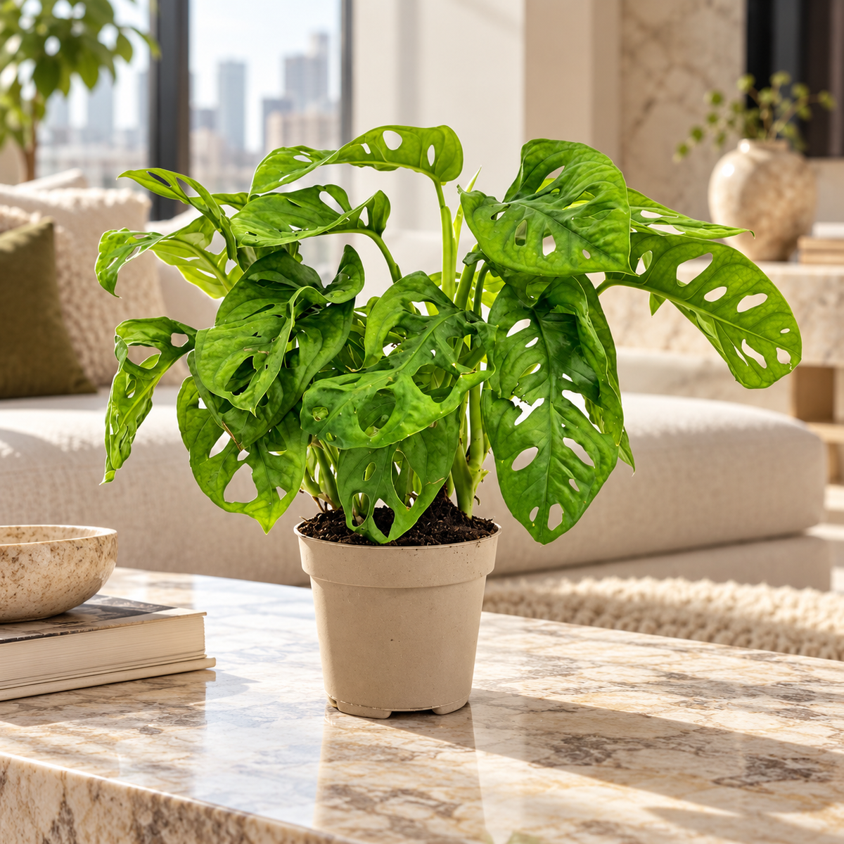 Monstera adansonii Monkey Mask, mise en scène dans un salon luxueux, pot de culture Ø12 cm, décoration non incluse