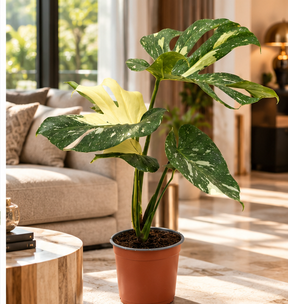 Monstera Thai Constellation dans un salon de luxe – mise en scène illustrative