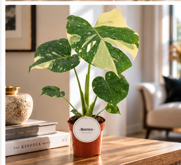 Monstera Thai Constellation – visuel d’ambiance illustratif, appartement lumineux et console en bois
