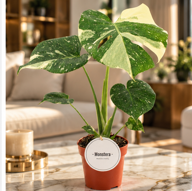 Monstera Thai Constellation – visuel d’ambiance illustratif, salon luxueux et table en marbre