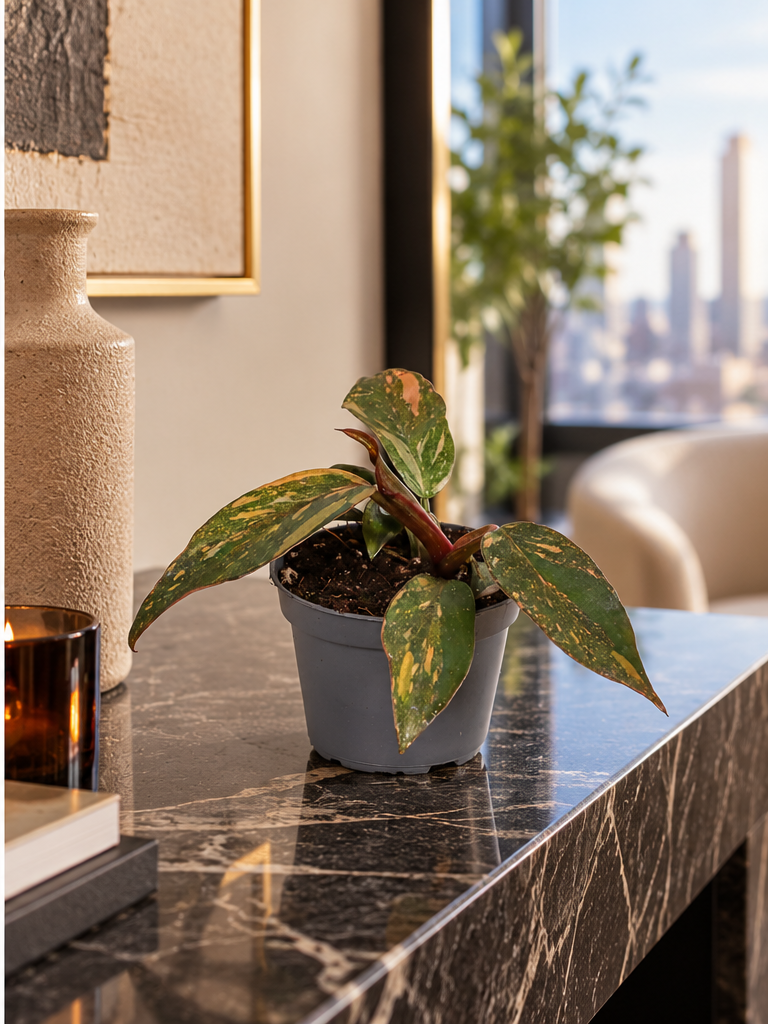 Philodendron Orange Princess, plante 6 cm sur table en marbre dans appartement élégant (visuel d'ambiance)