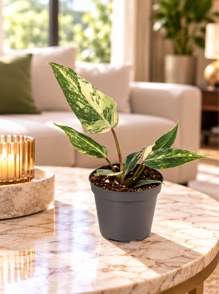 Philodendron gloriosum Variegata, bébé plante Ø6 cm au feuillage vert et crème dans un salon luxueux de jour, mise en scène illustrative