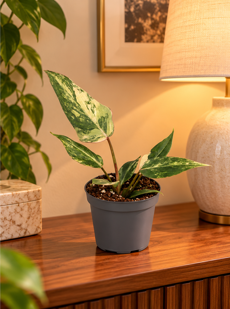 Philodendron gloriosum Variegata, jeune plante en pot Ø6 cm dans un appartement élégant éclairé le soir, mise en scène illustrative sans texte