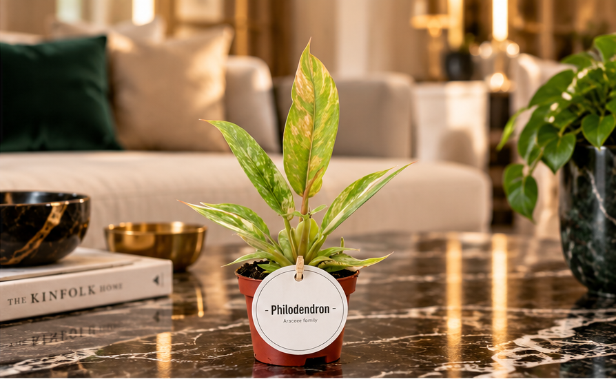 Philodendron Ring of Fire dans un appartement luxueux, table en marbre – visuel d’ambiance illustratif
