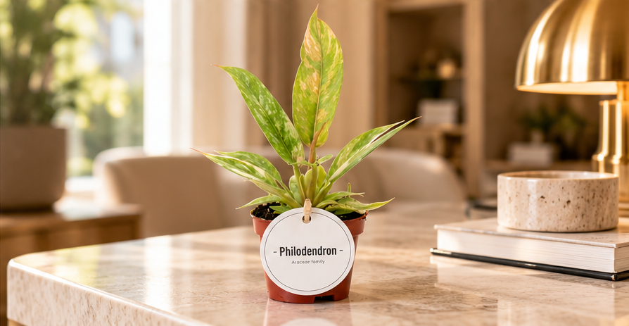 Philodendron Ring of Fire dans un salon lumineux haut de gamme – visuel d’ambiance illustratif