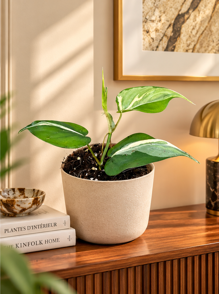 Philodendron Rio, jeune plante panachée dans un appartement élégant sur une console en bois, mise en scène illustrative