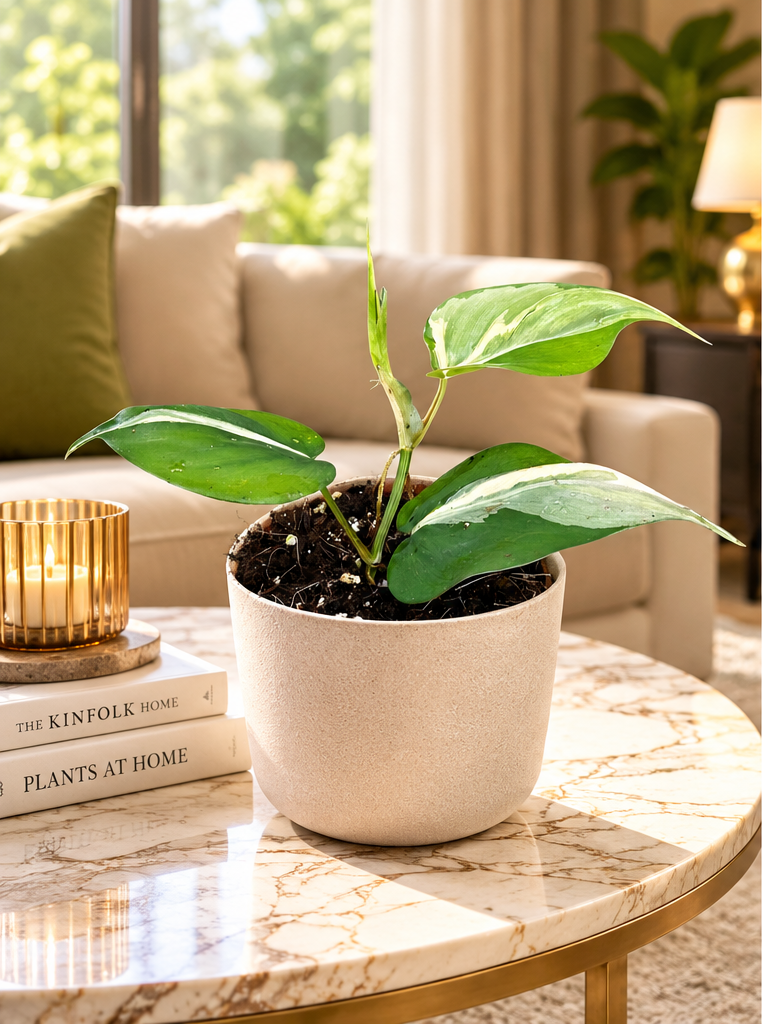 Philodendron Rio panaché en pot Ø10,5 cm sur table de marbre dans un salon luxueux, mise en scène illustrative