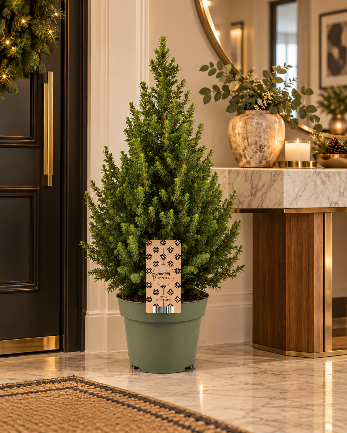 Petit sapin Picea glauca Conica dans l’entrée d’un appartement haut de gamme – mise en scène illustrative