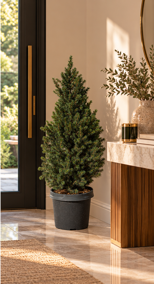 Picea glauca Conica 80 cm en pot dans une entrée luxueuse – visuel d’ambiance illustratif