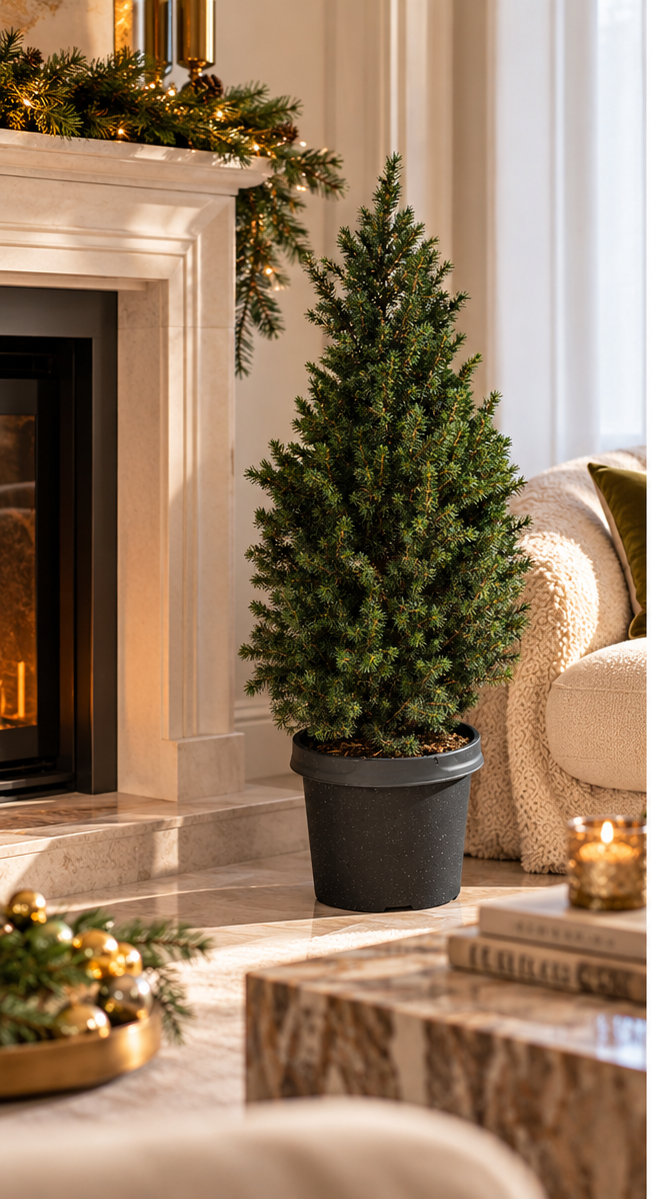Picea glauca Conica 80 cm en pot dans un salon luxueux – visuel d’ambiance illustratif
