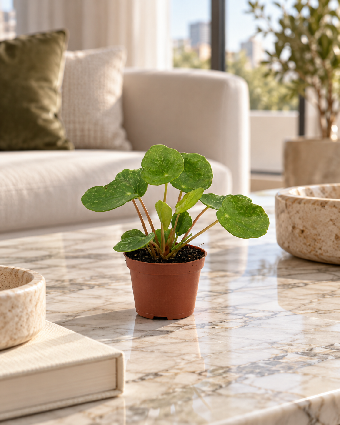 Pilea Sugar, une jeune plante en pot Ø6 cm sur table en marbre dans un salon élégant, mise en scène illustrative