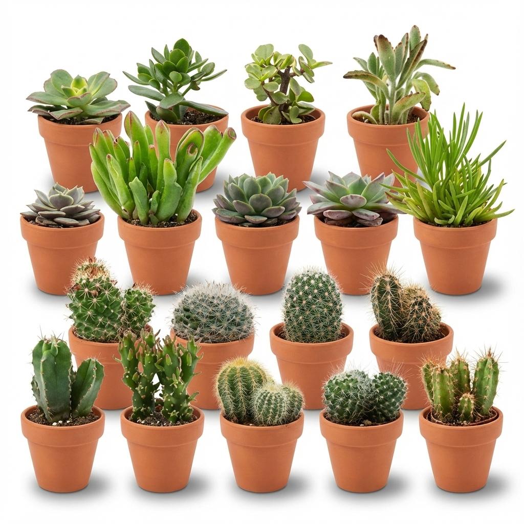 Mini Cactus & Succulentes Mix - 18 plantes, pots en  terre cuite